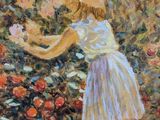 an oil painting of a little girl picking flowers in a garden