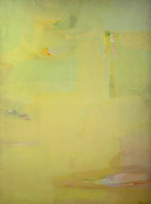 peinture abstraite aux tons jaunes et verts sur fond jaune