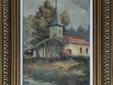 une peinture à l'huile représentant une église sur une colline, avec des arbres en arrière-plan
