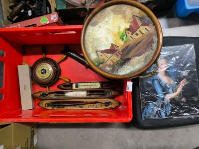 a red box with a magnifying glass and a picture of a woman in a blue dress