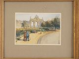 painting of a couple walking in a park with a building in the background