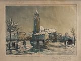 tableau représentant une tour horloge au cœur d'une ville enneigée