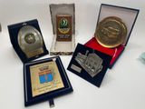 Plusieurs médailles et plaques sont exposées sur une table
