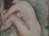 une peinture à l'huile représentant une femme nue assise par terre