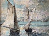 painting of two sailboats in the ocean on a cloudy day