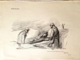 dessin représentant deux hommes travaillant sur une feuille de papier dans un champ