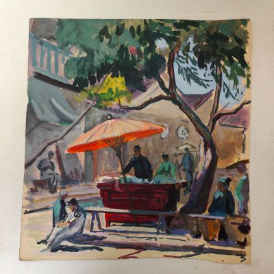 an oil painting of a street scene with people sitting under an umbrella