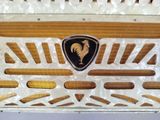a white accordion with a black and gold emblem on it