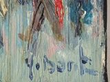 a painting of a man riding a horse in the field