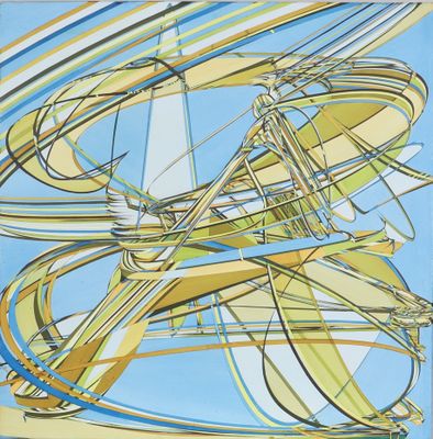 an abstract painting of a blue and yellow spiral design