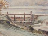 a watercolor painting of a bridge over a body of water