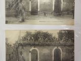 two old black and white photos of a man standing in front of a building