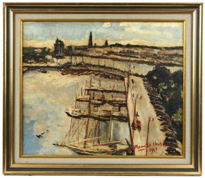 une peinture à l'huile représentant une scène portuaire avec des voiliers au premier plan et une église au loin