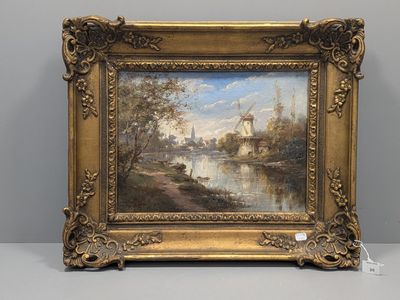 an image of a painting of a river scene with a windmill in the distance