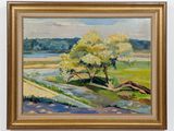 une peinture à l'huile représentant un arbre dans un champ au bord d'une rivière