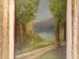 an oil painting of a dirt road with trees and a lake in the background