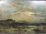 l'image d'un tableau représentant un paysage avec une rivière au premier plan