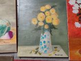 four paintings of fruit and flowers in a vase on a table