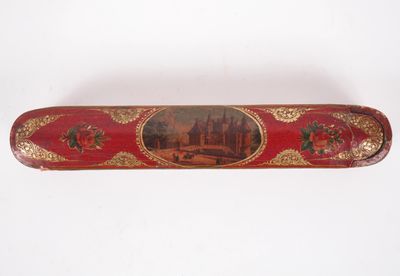 an image of a red and gold case with a picture of a castle