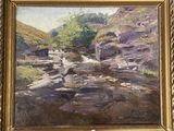 une peinture à l'huile représentant un ruisseau traversant un paysage rocheux