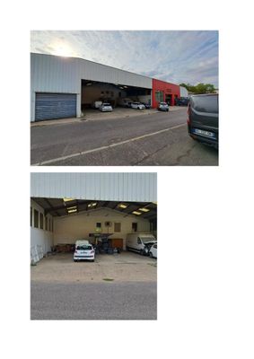 two pictures of a garage with cars parked in front of it