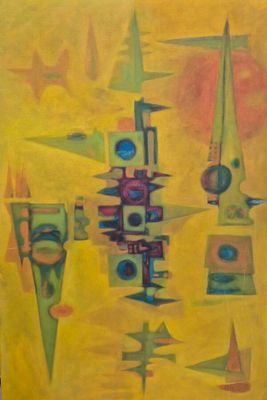 peinture représentant des formes abstraites sur un fond jaune, avec un ciel rouge en arrière-plan