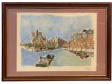framed watercolor painting of a boat on a river with a castle in the background