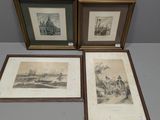 trois gravures encadrées représentant un homme et une femme à cheval