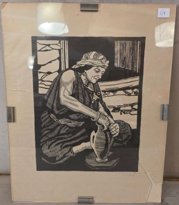 un dessin en noir et blanc représentant une femme assise sur un pot