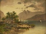 painting of a view of a lake with boats and mountains in the background