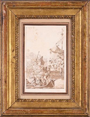 a drawing of a boat with people on it in a body of water