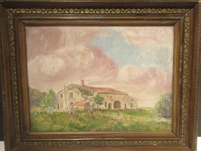 une peinture à l'huile représentant une maison dans un champ, avec le ciel en arrière-plan