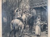 a black and white photo of a group of people riding horses