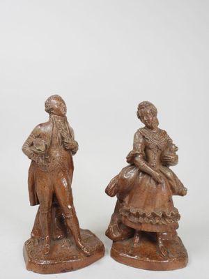 École française XIXe. Couple d'élégants. Deux sujets en grès…