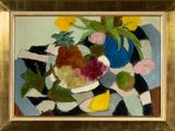 une peinture représentant des fruits et des fleurs dans un vase posé sur une table