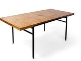 dining table with a wooden top and metal legs on a white background