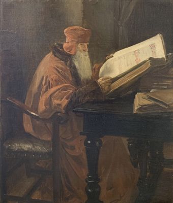 painting of a man sitting at a table reading a book