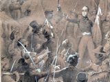 painting of a large group of men in military uniforms standing in front of a building
