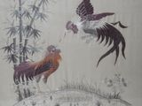 a painting of two roosters fighting over a bamboo tree