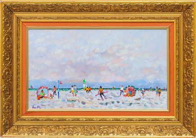 une peinture à l'huile représentant une scène de plage avec des personnes jouant dans l'eau