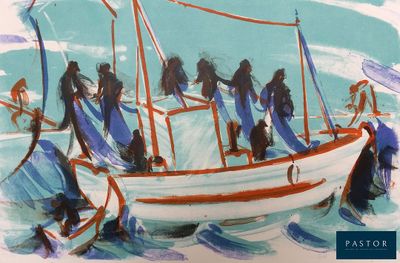 tableau représentant un groupe de personnes sur un bateau au milieu de l'eau