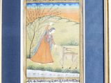 tableau représentant une femme avec une chèvre dans un paysage arboré