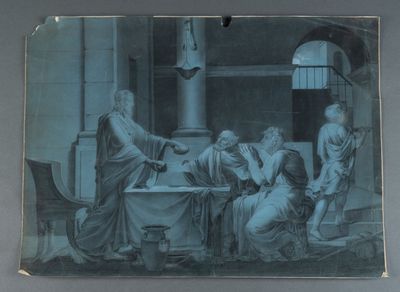 painting of a group of people sitting around a table in a room