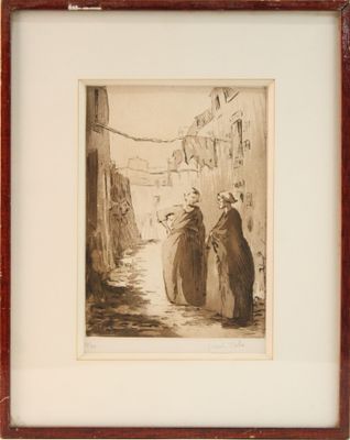 tableau représentant un homme et une femme marchant dans une rue d'un village
