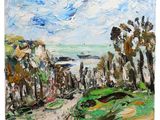 un tableau représentant un paysage avec des arbres et de l'eau en arrière-plan