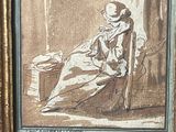 painting of a man sitting in a chair with a hat on