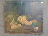 une peinture représentant des légumes posés sur une table, avec un couteau