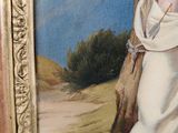 an image of a painting of a woman holding a cross on a hill