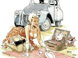 a drawing of a woman sitting on a blanket next to a car