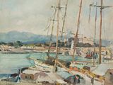 une peinture de bateaux dans un port avec des bâtiments à l'arrière-plan